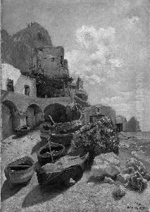 E. "fischerboote Am Strand". Sign. Und Bez. Capri. Ol Auf Lwd. 7 X 49,5 Cm. Rahmen by Emilie Wenz Eyth