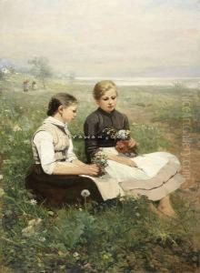 Piker I Blomstereng Olje Pa Lerret by Oscar Wergeland