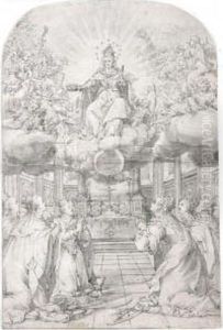 Sts. Catherine, Barbara, Ursula And Three Other Female Saints Adoring The Virgin In Glory by Hans Werl
