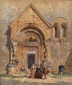 Kirchenportal Und Personengruppe In Mittelalterlicher Tracht