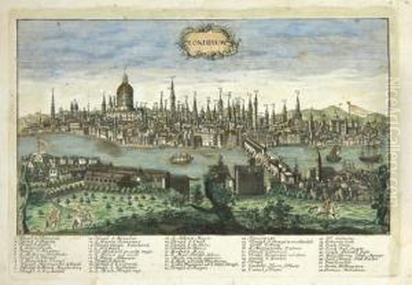 Londinum,
View From The South Bank, Showing Wren""""s St Paul""""s Cathedral, Monument And Old London Bridge, With Latin Key Below - view 1