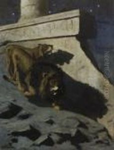 Couple De Lions La Nuit Au Pied D'un Temple by Gustav Wertheimer