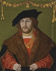 Portrait Of A Gentleman, Bust-length, In A Red Doublet With A Brown Fur Cloak, A Gold Chain And A Black Cap by Hans Wertinger