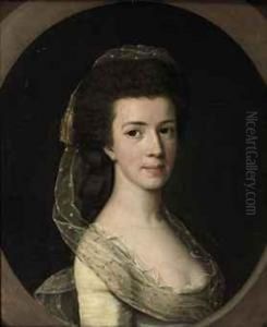 Portrait Of A Lady, Bust-length, In A White Dress And A Lace Veil,in A Painted Oval