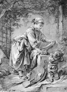 A washerwoman at a fountain with a child under a trellis by Francois Boucher