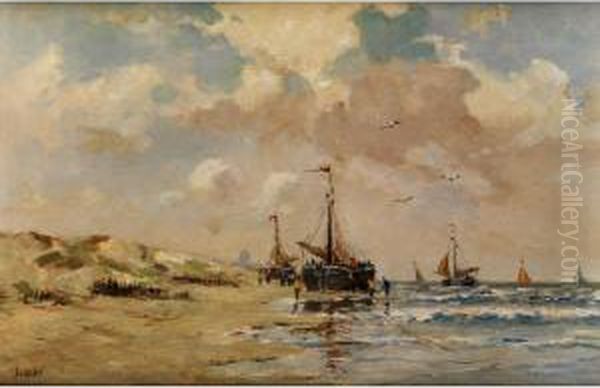 Uferlandschaft Mit Am Ufer Liegenden Fischerbooten,figurenstaffage Sowie Weiteren Segelschiffen Auf Dem Meer Unterwolken - view 1