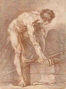 A stooping nude turned to the right, his right hand grasping a pedestal by Francois Boucher