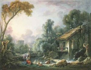 Le Moulin à Eau A landscape with a herdsman and his family by a mill by Francois Boucher