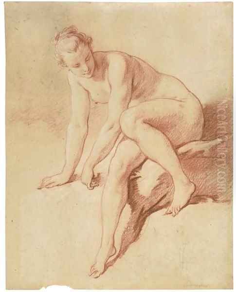 A seated female nude leaning forward and looking down to the right - view 1