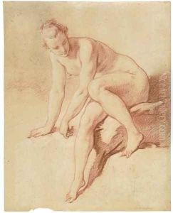 A seated female nude leaning forward and looking down to the right by Francois Boucher