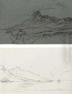 A Rider Approaching A Craggy Mountain Range by Raphael Lamarr West