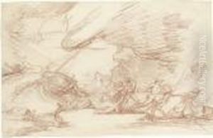 Figures Striving To Pull Ashore A Storm-tossed Ship; And A Sublime Landscape by Raphael Lamarr West