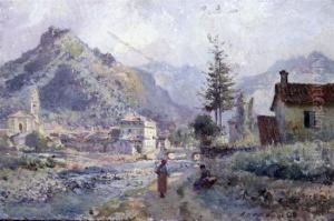 Italianate Mountainous Landscape With Figures by Richard Whately West
