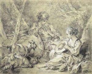 A young shepherdess presenting a flower to a shepherd by Francois Boucher