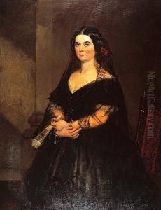 Portrait Of A Lady In A Black Dress Holding A Fan by Samuel West