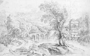 An extensive river landscape with a bridge and a fortified town beyond by Francois Boucher