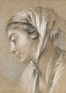 Head of a girl looking down to the left wearing a scarf by Francois Boucher