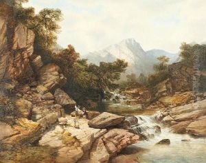Rocky River Landscape With Children Angling by William Edward West