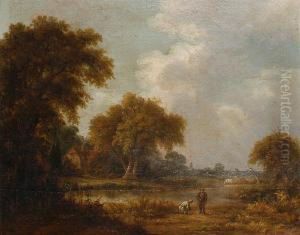 Figures By A Lake With Cattle Grazingbeyond