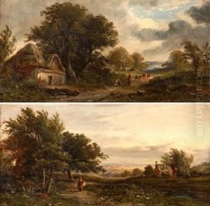 Figures And Cattle On A Path In An Extensive Landscape by J. Westall