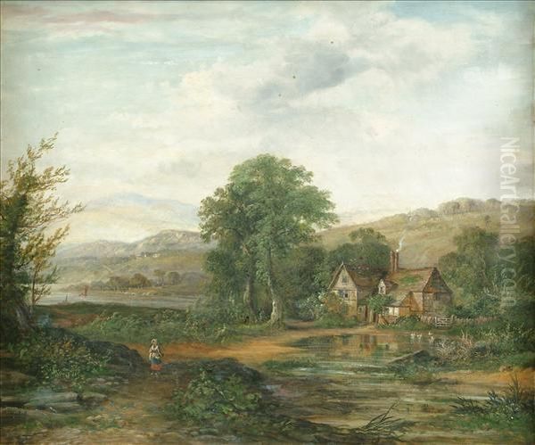 A Figure Near Afarm House In Wooded River Landscape - view 1
