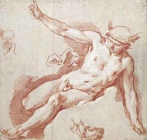 Mercury reclining on a cloud, pointing to the sky with his left arm, with subsidiary studies of his head and shoulder by Francois Boucher
