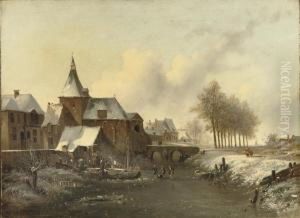 Townspeople On The Ice Near A Church