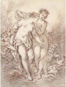 Two nymphs with putti and doves by Francois Boucher