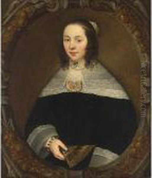 A Portrait Of A Lady, Aged 23, Half Length, Wearing A Black Velvet Dress With A Lace Collar And Cuffs, Holding A Fan In Her Left Hand, In A Trompe L'oeil Painted Carved Oval Frame - view 1
