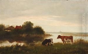 Polderlandschap Met Koeien Aan De Waterkant by Cornelis I Westerbeek