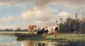 Cattle Watering At A Stream by Cornelis I Westerbeek