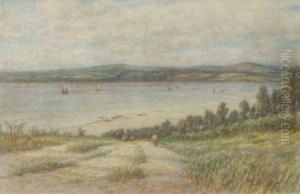 Extensive Coastal View With Figures On A Path Distant Shipping by William Westley Manning