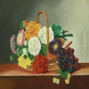 Still Life Flowers And Fruits In A Basket by Anna Westphal
