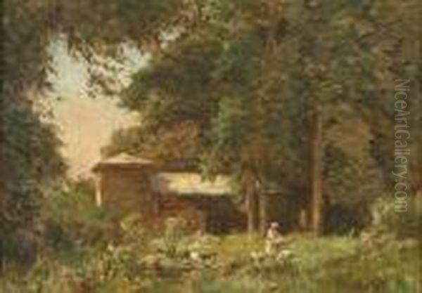 Girl Feeding Chickens Near House - view 1
