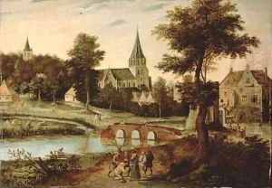 A village landscape with a bridge, figures on a track in the foreground