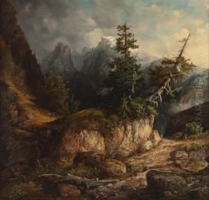 Hochgebirgslandschaft Mit Personenstaffage by Willibald Wex
