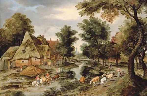 A wooded village landscape with a herdswoman on a path and a horse and cart crossing a river - view 1