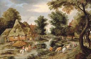 A wooded village landscape with a herdswoman on a path and a horse and cart crossing a river
