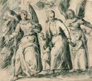 Christus Fuhrt Zwei Kinder, Von Engeln Begleitet. by Hermann Weyer