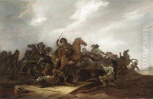 A Cavalry Battle Scene In A Landscape by Jacob Mathias Weyer