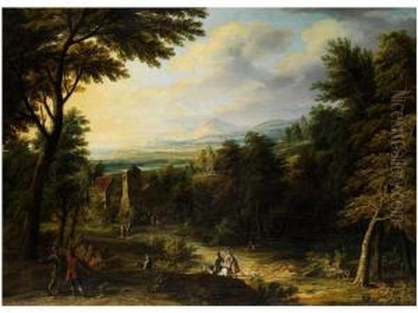 Weite Baumlandschaft Mit Gebaudegruppe Zwischen Baumen Und Hofischer Reitgesellschaft - view 1