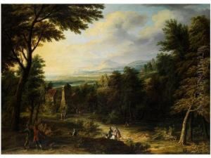 Weite Baumlandschaft Mit Gebaudegruppe Zwischen Baumen Und Hofischer Reitgesellschaft by Jakob Christoph Weyermann