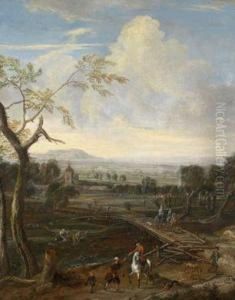 Weite Landschaft Im Voralpengebiet Mit Reitern An Einem Flussubergang