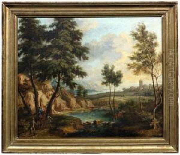 Sudliche Flusslandschaft Mit Soldaten An Einer Brucke. - view 1