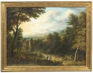 An Extensive River Landscape With Travellers And A Stage-coach On A Forest-track To A Farm by Jakob Christoph Weyermann