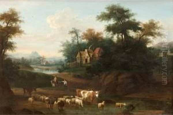 Romantiskt Landskap Med Byggnader, Figurer Och Boskap - view 1