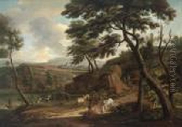 Gebirgige Fluslandschaft Mit Einem Pferdefuhrwerk Und Anglern - view 1