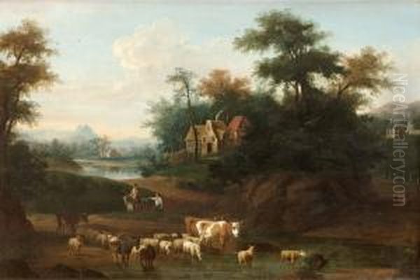 Romanstiskt Landskap Med Byggnader, Figurer Och Boskap - view 1