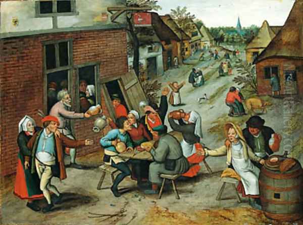 Villagers merrymaking outside the Swan Inn - view 1