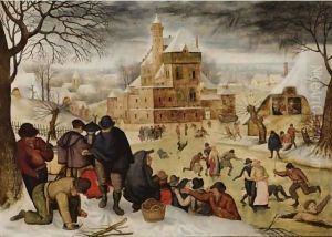 A winter landscape with peasants skating and playing kolf on a frozen river, a town beyond
